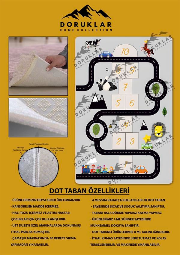 Kaymaz Taban Makinada Yıkanabilir Yol Araba ve Seksek Desenli Çocuk Halısı