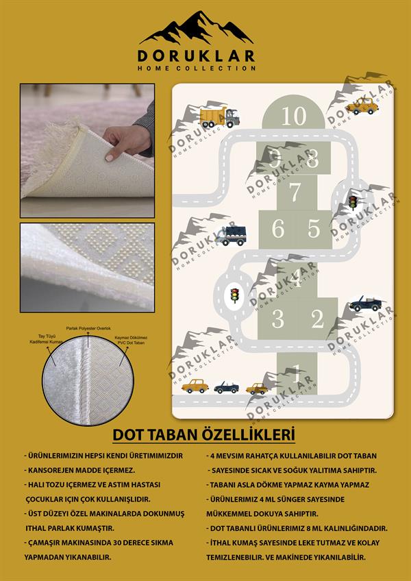 Kaymaz Taban Makinada Yıkanabilir Yol Araba ve Seksek Desenli Çocuk Halısı