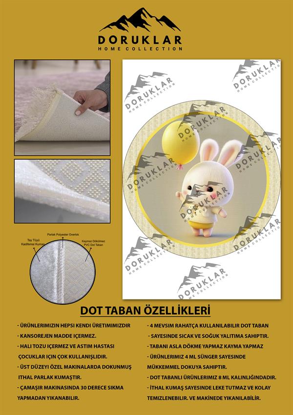Kaymaz Taban Yıkanabilir Balonlu Tavşan Desenli Yuvarlak Çocuk Halısı