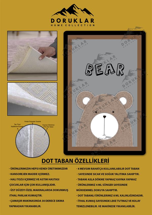 Kaymaz Taban Yıkanabilir Bear Desenli Çocuk Halısı
