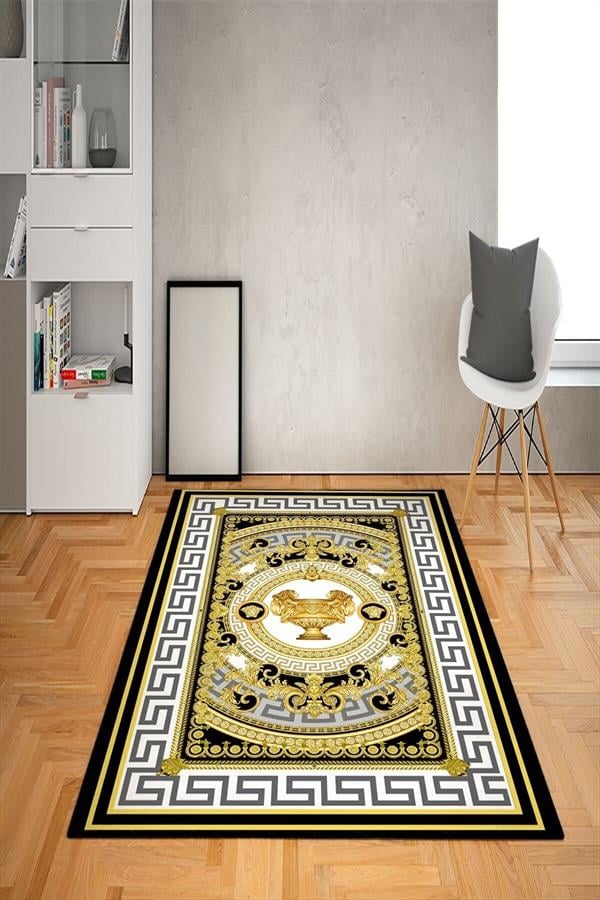 Kaymaz Taban Yıkanabilir Çerçeveli Baroque Aslan Kupa Desenli Dot Taban Halı