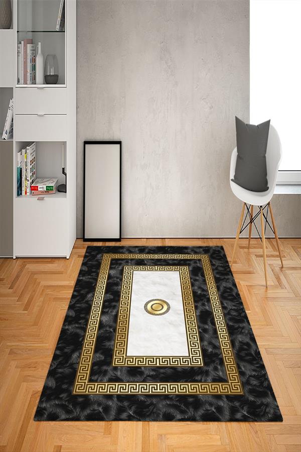 Kaymaz Taban Yıkanabilir Çerçeveli Tüy Desenli Dot Taban Halı