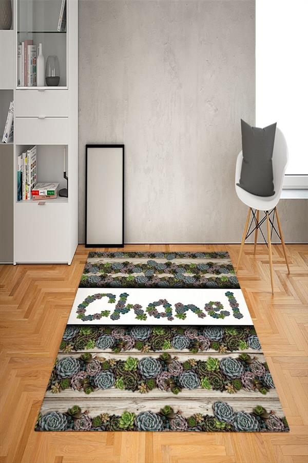 Kaymaz Taban Yıkanabilir Dekoratif Modern Çiçekli Chanel Desenli Dot Taban Halı