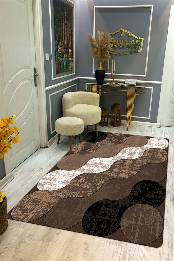Kaymaz Taban Yıkanabilir Dijital Baskı Geometrik Desenli Halı