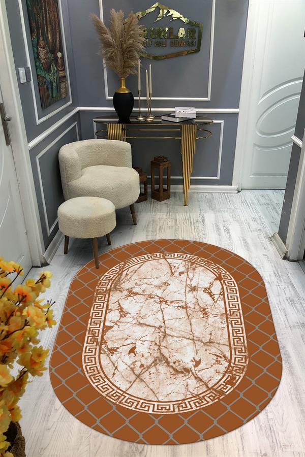 Kaymaz Taban Yıkanabilir Dijital Baskı Oval Kesim Dekoratif Modern Desenli Dot Taban Halı OVAL002