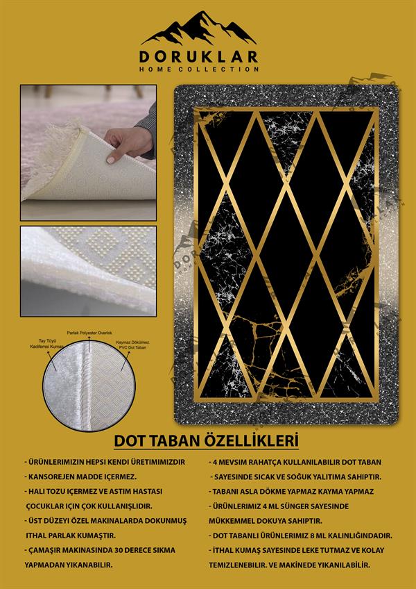 Kaymaz Taban Yıkanabilir Dijital Baskı Simli Çerçeveli Desenli Halı