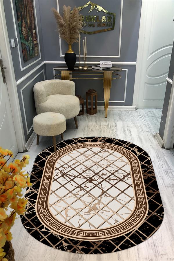 Kaymaz Taban Yıkanabilir Dijital Baskı Oval Kesim Dekoratif Modern Desenli Dot Taban Halı OVAL015