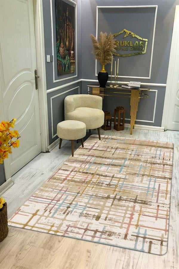 Kaymaz Taban Yıkanabilir Dijital Baskı Eskitme Desenli Salon Halısı