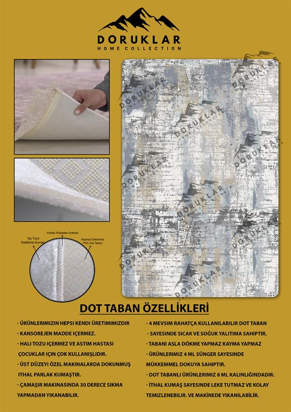 Kaymaz Taban Yıkanabilir Dijital Baskı Mavi Bej Eskitme Desenli Halı