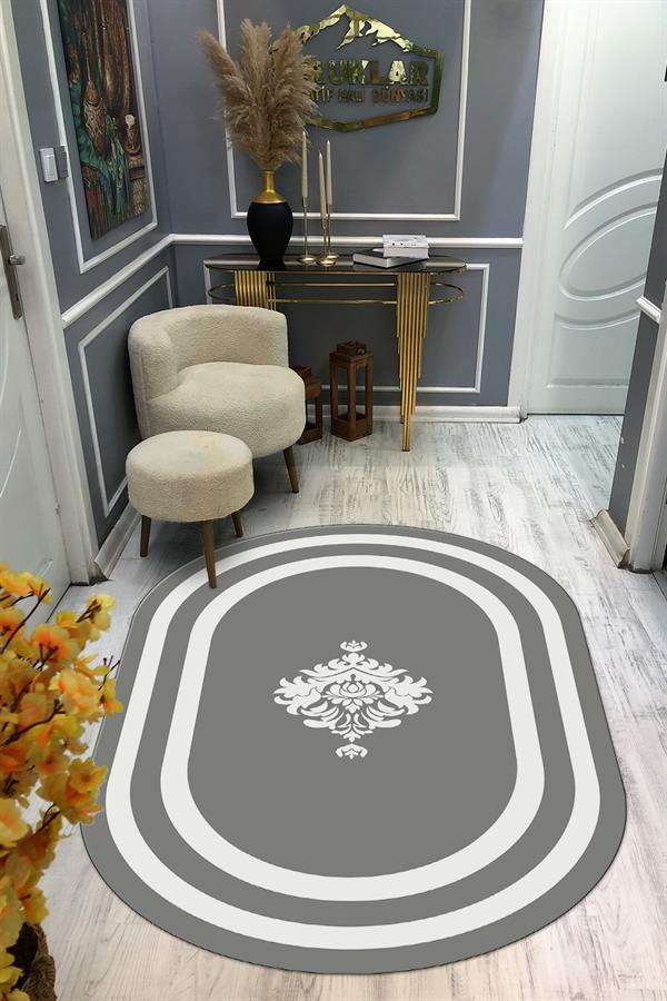 Kaymaz Taban Yıkanabilir Dijital Baskı Oval Kesim Dekoratif Modern Desenli Dot Taban Halı OVAL017