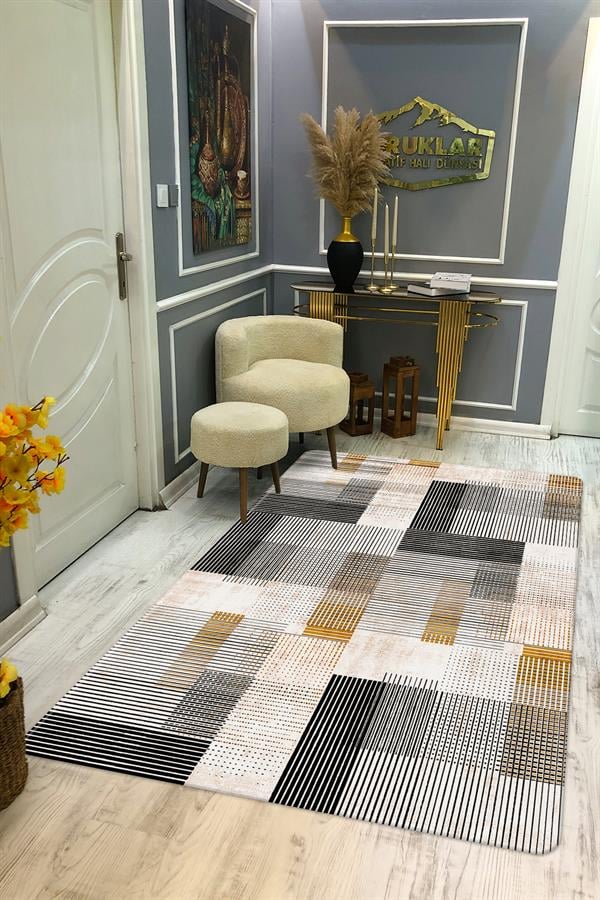 Kaymaz Taban Yıkanabilir Dijital Baskı Geometrik Desenli Halı