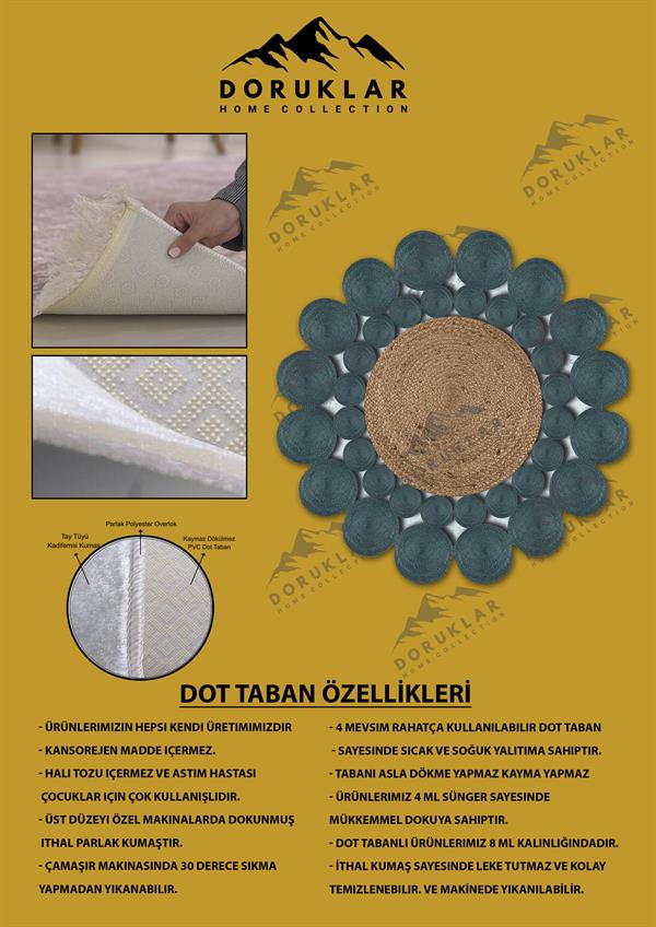 Kaymaz Taban Yıkanabilir Dijital Baskı Lazer Kesim Jüt Görünüm Hasır Desenli Dot Taban Halı