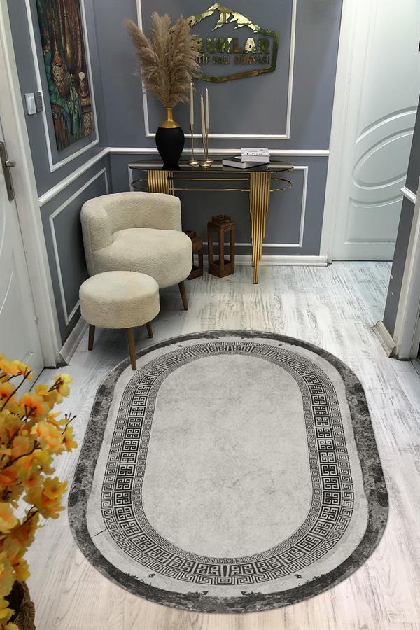 Kaymaz Taban Yıkanabilir Dijital Baskı Oval Kesim Dekoratif Modern Desenli Dot Taban Halı OVAL004
