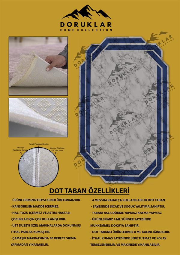 Kaymaz Taban Yıkanabilir Dijital Baskı Lazer Kesimli Mavi Mermer Desenli Dot Taban Halı