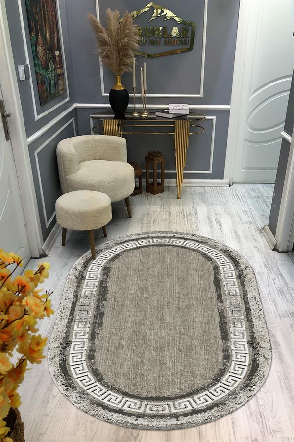 Kaymaz Taban Yıkanabilir Dijital Baskı Oval Kesim Dekoratif Modern Desenli Dot Taban Halı OVAL008