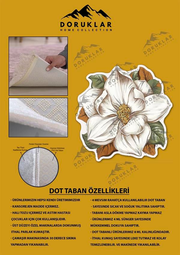 Kaymaz Taban Yıkanabilir Dijital Baskı Lazer Kesim Çiçek Desenli Dot Taban Halı