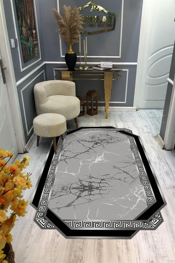 Kaymaz Taban Yıkanabilir Dijital Baskı Lazer Kesimli Mermer Desenli Dot Taban Halı