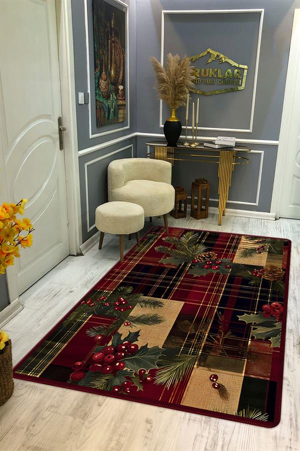 Kaymaz Taban Yıkanabilir Dijital Baskı Yılbaşı Desenli Dot Taban Halı