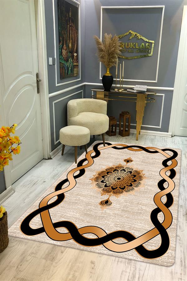 Kaymaz Taban Yıkanabilir Dijital Baskı Çizgili Ortası Desenli Halı