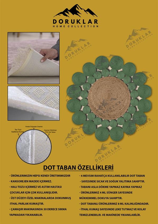 Kaymaz Taban Yıkanabilir Dijital Baskı Lazer Kesim Jüt Görünüm Hasır Desenli Dot Taban Halı