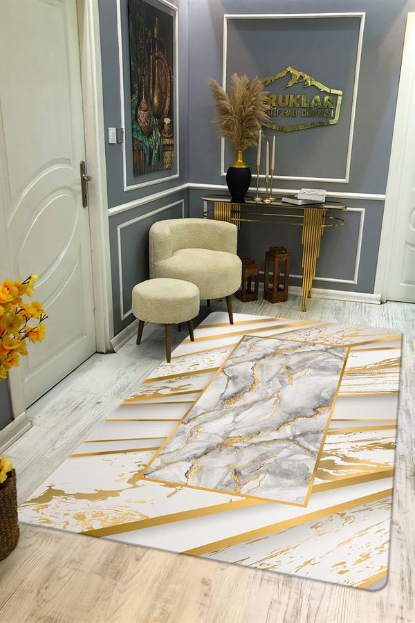 Kaymaz Taban Yıkanabilir Dijital Baskı Gold Mermer Desenli Halı