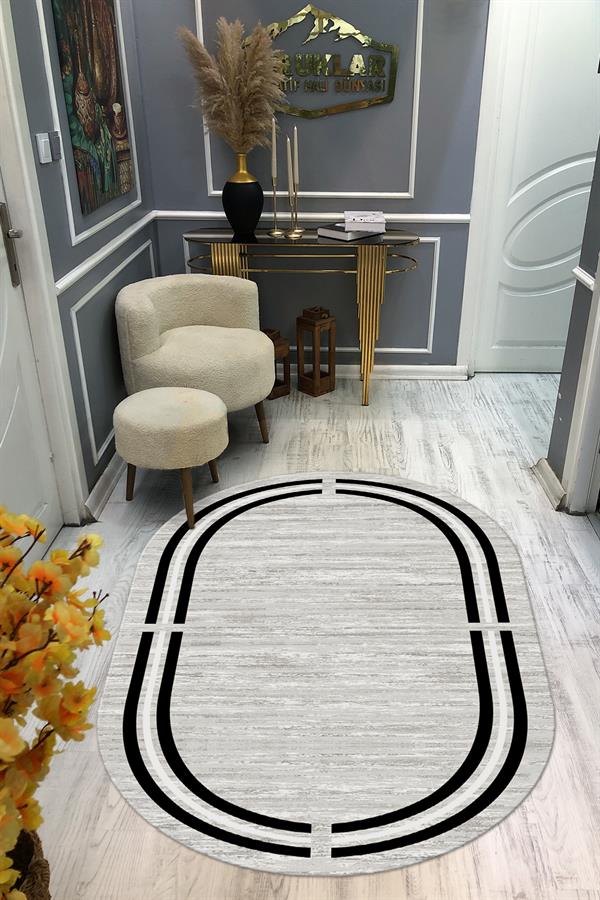 Kaymaz Taban Yıkanabilir Dijital Baskı Oval Kesim Dekoratif Modern Desenli Dot Taban Halı OVAL010