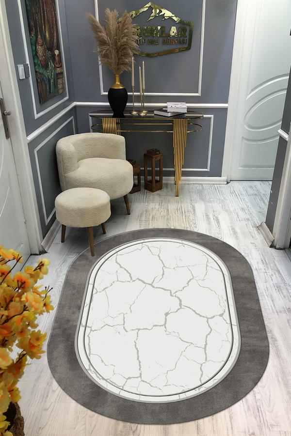 Kaymaz Taban Yıkanabilir Dijital Baskı Oval Kesim Dekoratif Modern Desenli Dot Taban Halı OVAL011