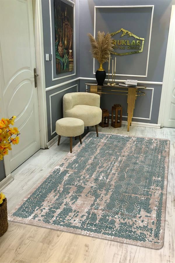 Kaymaz Taban Yıkanabilir Dijital Baskı Krem Yeşil Eskitme Desenli Halı