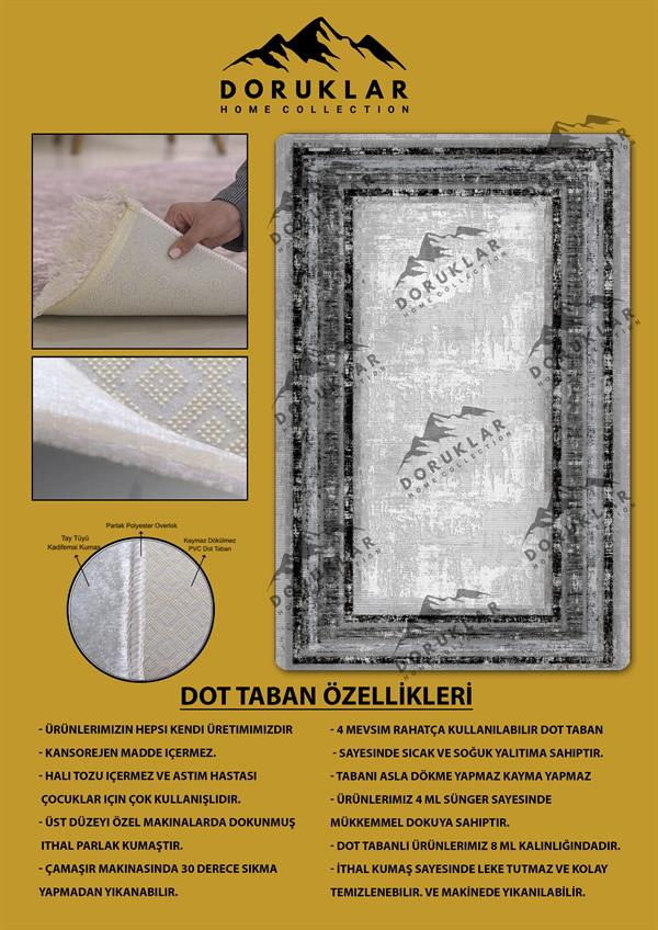 Kaymaz Taban Yıkanabilir Dijital Baskı Gri Çerçeveli Eskitme Desenli Halı