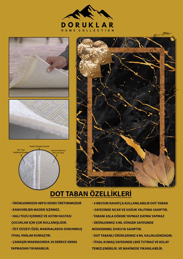 Kaymaz Taban Yıkanabilir Dijital Baskı Gold Yaprak Desenli Halı