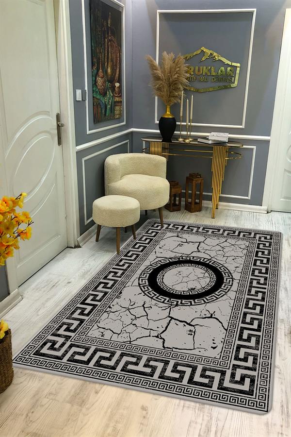 Kaymaz Taban Yıkanabilir Dijital Baskı Çerçeveli Mermer Desenli Halı