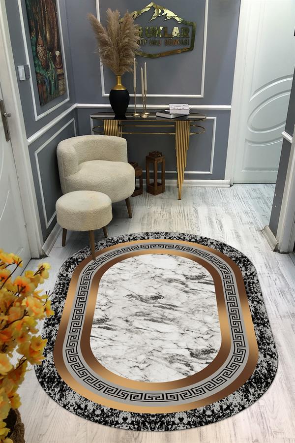 Kaymaz Taban Yıkanabilir Dijital Baskı Oval Kesim Dekoratif Modern Desenli Dot Taban Halı OVAL019