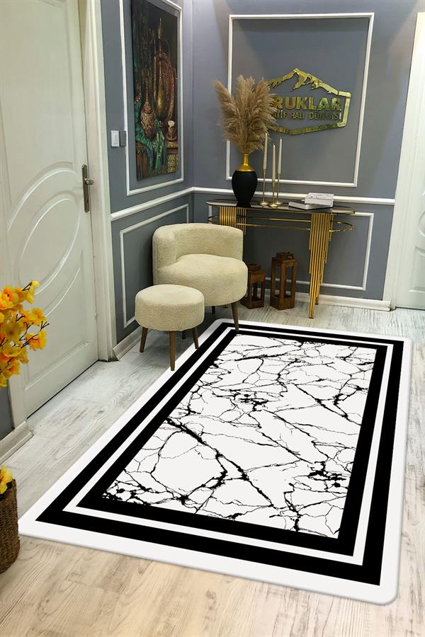 Kaymaz Taban Yıkanabilir Dijital Baskı Çerçeveli Mermer Desenli Halı