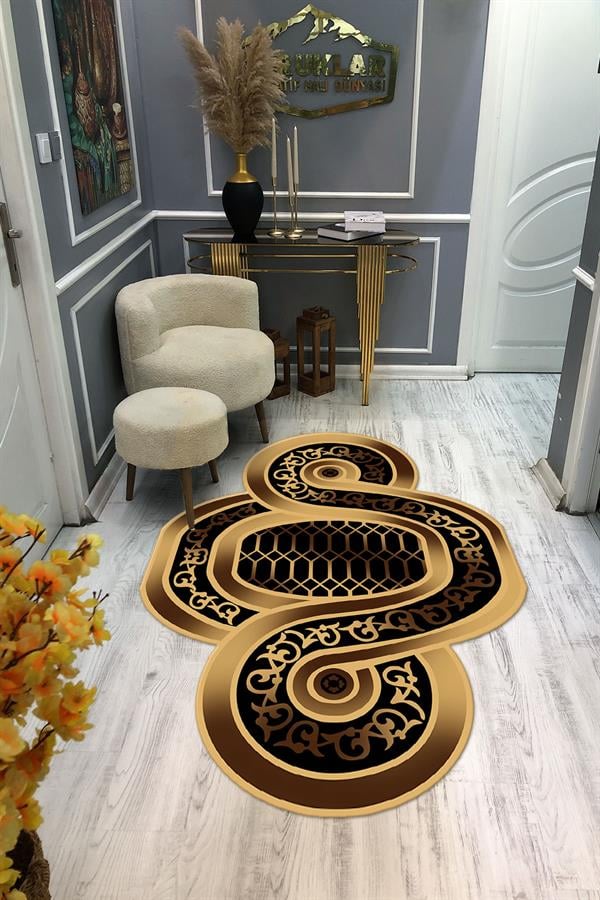 Kaymaz Taban Yıkanabilir Dijital Baskı Lazer Kesimli Gold Modern Desenli Dot Taban Halı
