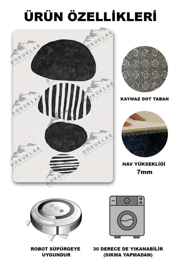 Kaymaz Taban Yıkanabilir Dijital Baskı Dekoratif Modern Desenli Dot Taban Halı Zen Serisi ZEN02