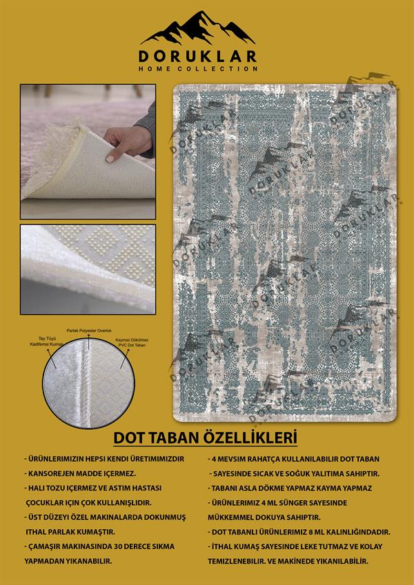 Kaymaz Taban Yıkanabilir Dijital Baskı Krem Yeşil Eskitme Desenli Halı