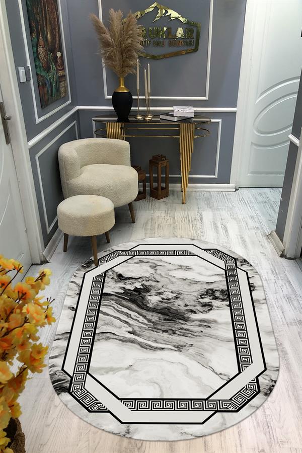 Kaymaz Taban Yıkanabilir Dijital Baskı Oval Kesim Dekoratif Modern Desenli Dot Taban Halı OVAL006