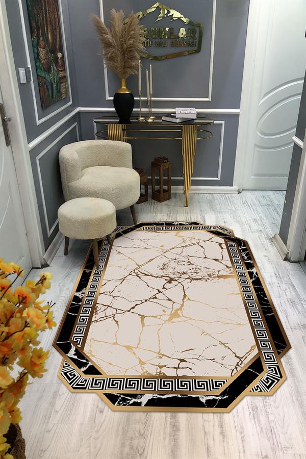 Kaymaz Taban Yıkanabilir Dijital Baskı Lazer Kesimli Modern Mermer Desenli Dot Taban Halı