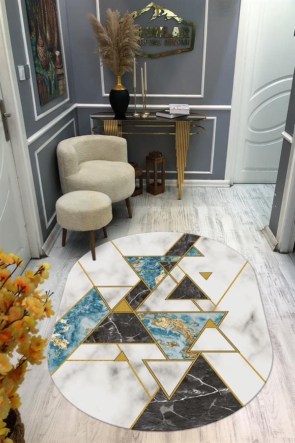 Kaymaz Taban Yıkanabilir Dijital Baskı Oval Kesim Dekoratif Modern Desenli Dot Taban Halı OVAL012