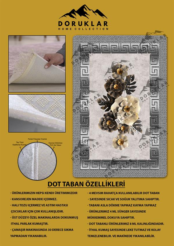 Kaymaz Taban Yıkanabilir Dijital Baskı Ortası Çiçek Desenli Halı
