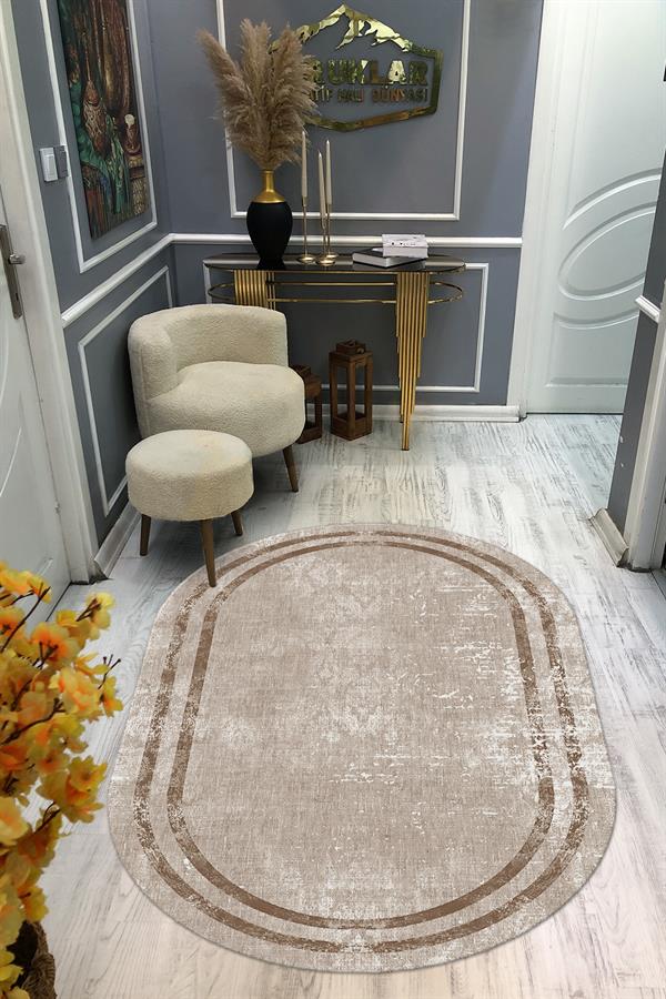 Kaymaz Taban Yıkanabilir Dijital Baskı Oval Kesim Dekoratif Modern Desenli Dot Taban Halı OVAL007