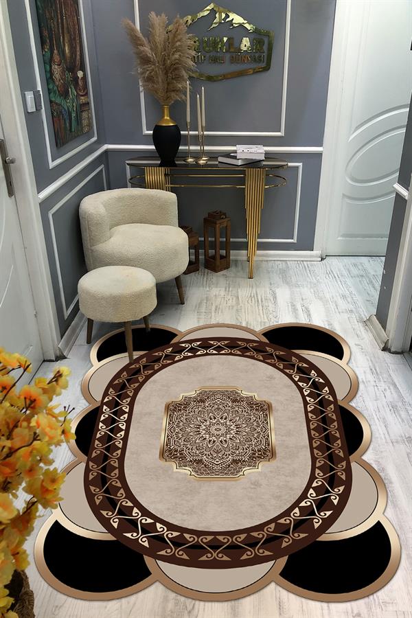 Kaymaz Taban Yıkanabilir Dijital Baskı Dekoratif Modern Desenli Elegance Serisi Lazer Kesim Dot Taban Halı ELG61