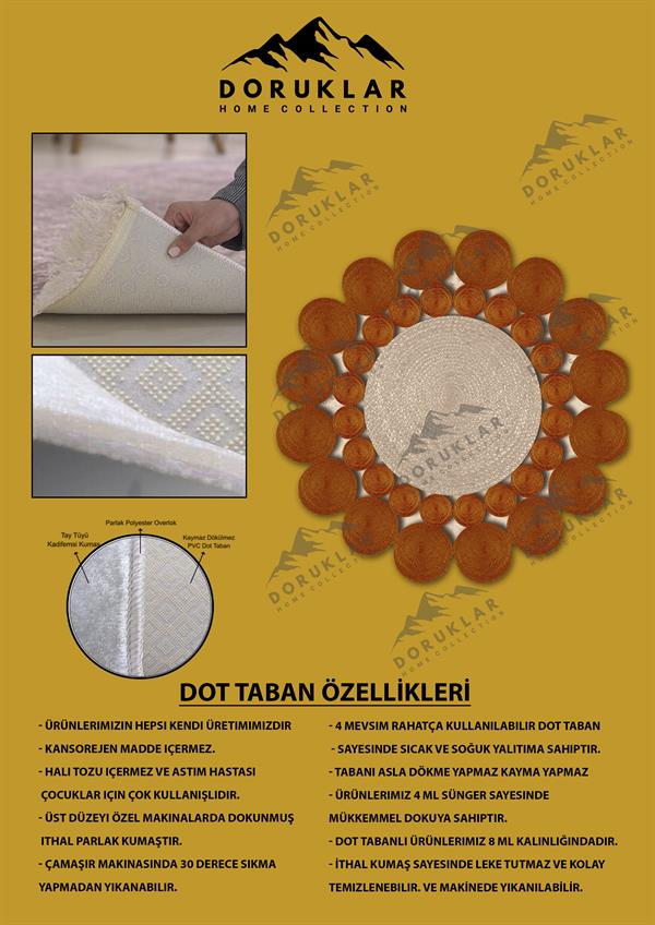 Kaymaz Taban Yıkanabilir Dijital Baskı Lazer Kesim Jüt Görünüm Hasır Desenli Dot Taban Halı