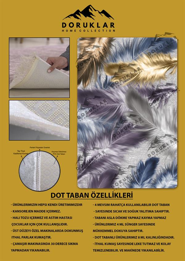 Kaymaz Taban Yıkanabilir Dijital Baskı Renkli Tüy Desenli Halı