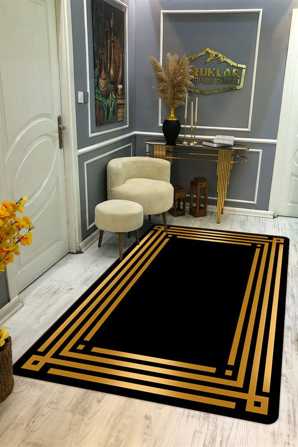 Kaymaz Taban Yıkanabilir Dijital Baskı Gold Çizgili Desenli Halı