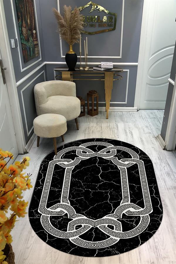 Kaymaz Taban Yıkanabilir Dijital Baskı Oval Kesim Dekoratif Modern Desenli Dot Taban Halı OVAL009