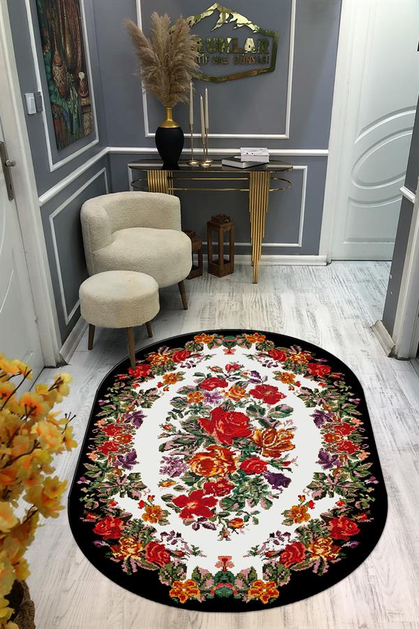Kaymaz Taban Yıkanabilir Dijital Baskı Oval Kesim Dekoratif Modern Desenli Dot Taban Halı OVAL001