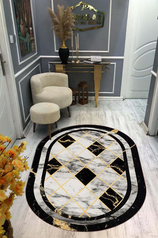 Kaymaz Taban Yıkanabilir Dijital Baskı Oval Kesim Dekoratif Modern Desenli Dot Taban Halı OVAL013