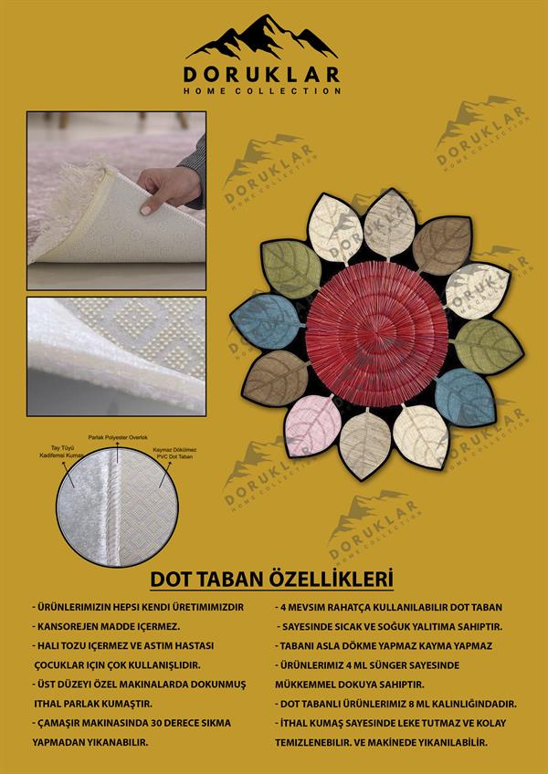 Kaymaz Taban Yıkanabilir Dijital Baskı Lazer Kesim Çiçek Desenli Dot Taban Halı