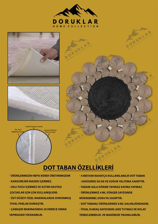 Kaymaz Taban Yıkanabilir Dijital Baskı Lazer Kesim Jüt Görünüm Hasır Desenli Dot Taban Halı